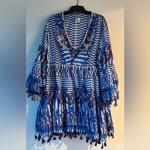 Blue and White Patterned Dress with Embroidery (one size). New.